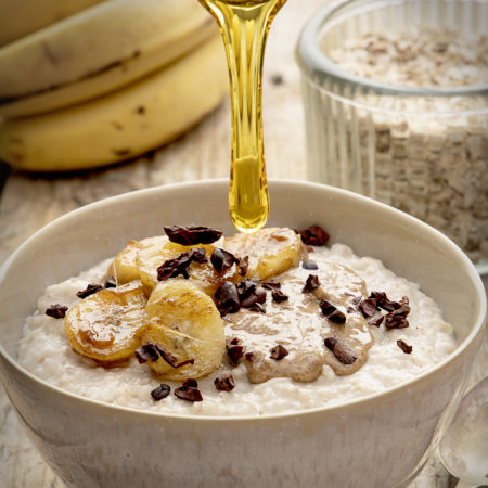 porridge with almond butter and fried banana